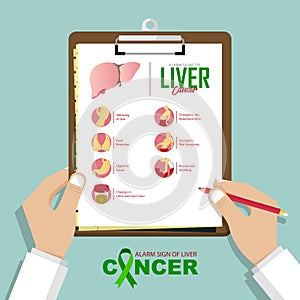 Infographic for alarming signs of liver cancer disease in flat design. DoctorÃ¢â¬â¢s hand holding clipboard. Medical and healthcare.